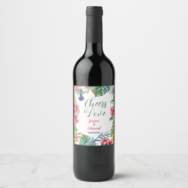  Hawaiian Hibiscus Tropical Leaves Wedding Wine Label (Front)