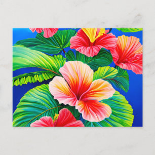 Hawaiian hibiscus  tropical red flowers and green  postcard