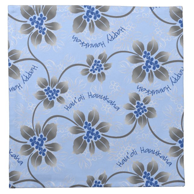 Hawaiian Holly Hanukkah Blue Floral Cloth Napkin (Front)