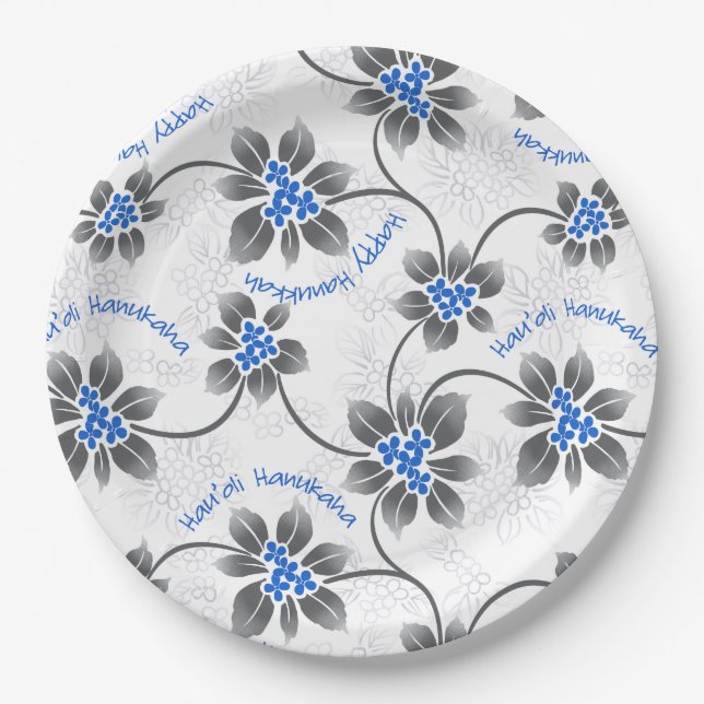 Hawaiian Holly Hanukkah Blue Floral Paper Plates (Front)