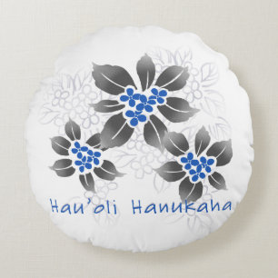 Hawaiian Holly Hanukkah Blue Floral Round Pillow