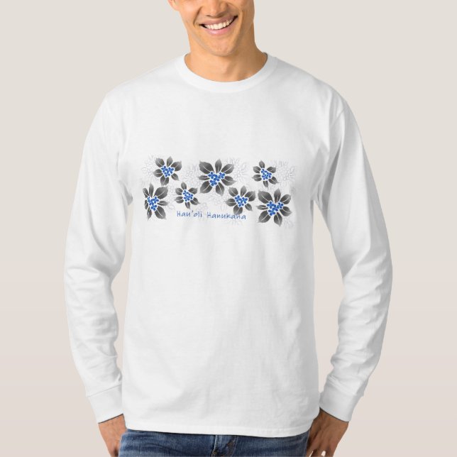 Hawaiian Holly Hanukkah Blue Floral T-Shirt (Front)