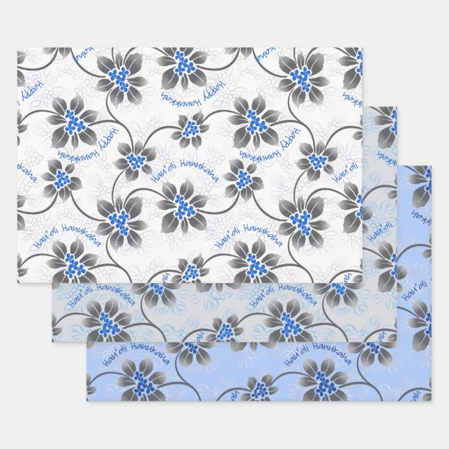 Hawaiian Holly Hanukkah Blue Floral Trio Wrapping Paper Sheets (Set)