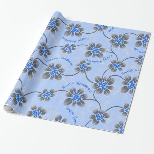 Hawaiian Holly Hanukkah Blue Floral Wrapping Paper