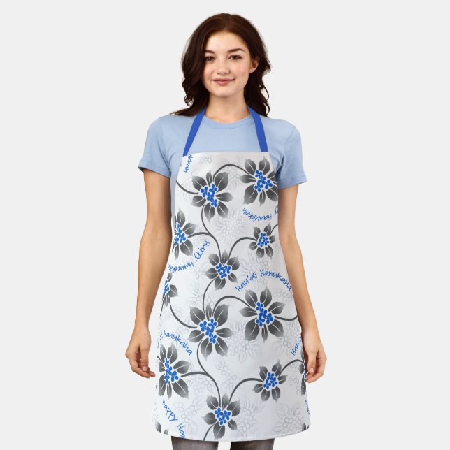 Hawaiian Holly Hanukkah Glittery Blue Floral Apron (Worn)