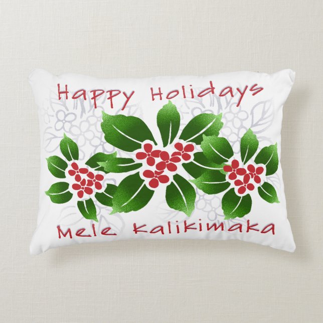 Hawaiian Holly Mele Kalikimaka Christmas Red Accent Pillow (Front)