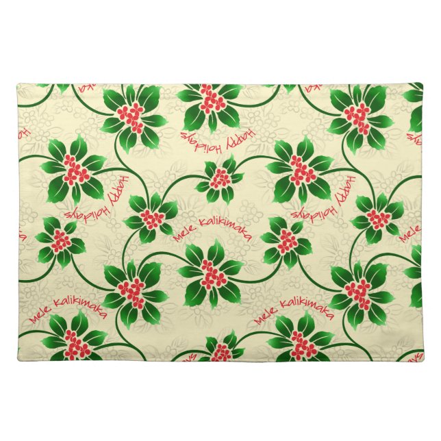 Hawaiian Holly Mele Kalikimaka Christmas Red Cloth Placemat (Front)