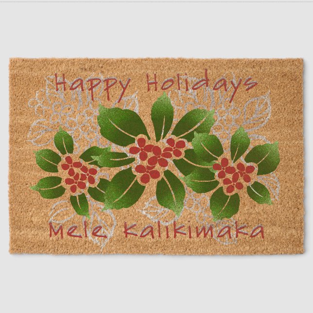 Hawaiian Holly Mele Kalikimaka Christmas Red Fiber Doormat (Front)