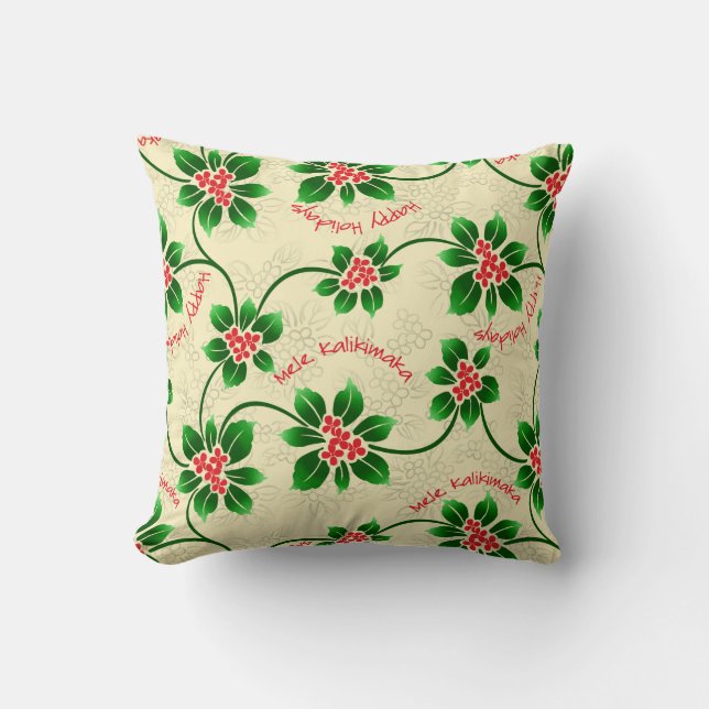 Hawaiian Holly Mele Kalikimaka Christmas Red Throw Pillow (Front)