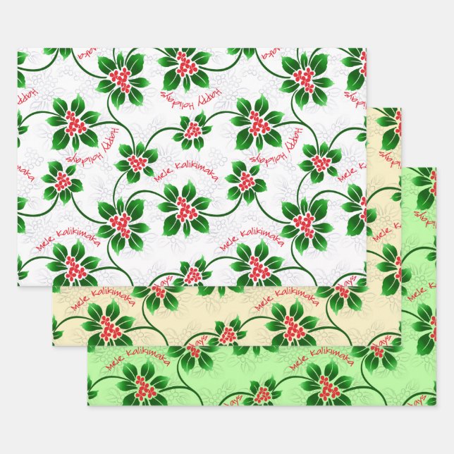Hawaiian Holly Mele Kalikimaka Christmas Red Trio Wrapping Paper Sheets (Set)