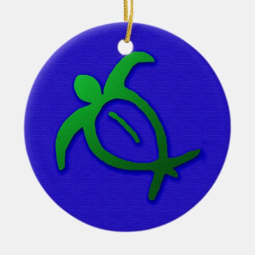 Hawaiian Honu Petroglyph on Blue Ceramic Ornament