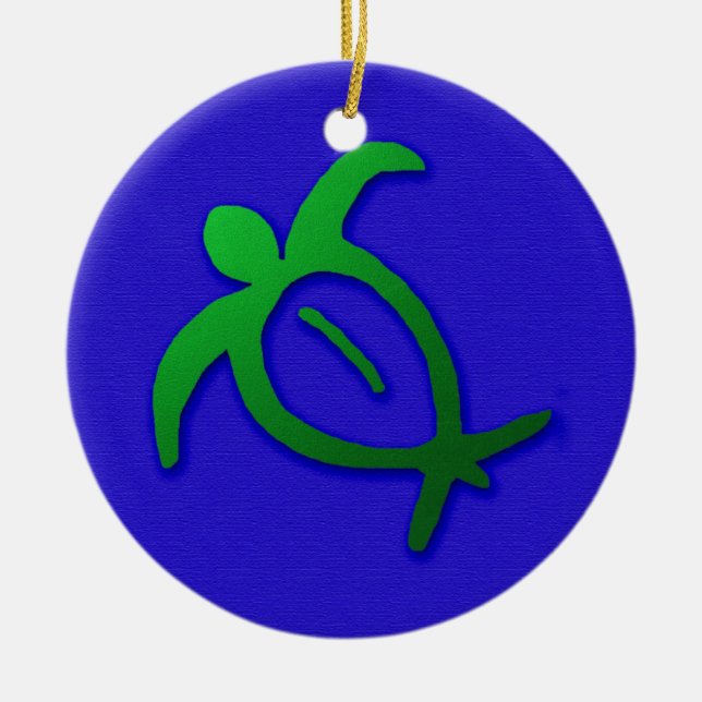 Hawaiian Honu Petroglyph on Blue Ceramic Ornament (Front)