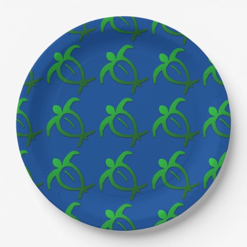 Hawaiian Honu Petroglyph on Blue Tiled Paper Plates