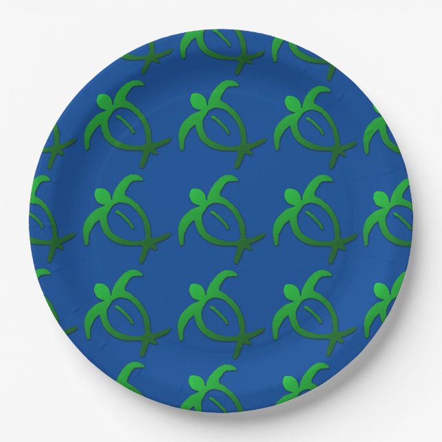 Hawaiian Honu Petroglyph on Blue (Tiled) Paper Plates (Front)