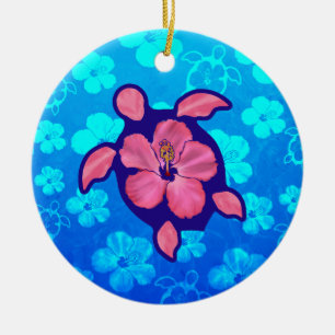 Hawaiian Honu Turtle and Hibiscus Ceramic Ornament