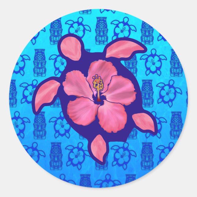 Hawaiian Honu Turtle and Hibiscus Classic Round Sticker (Front)