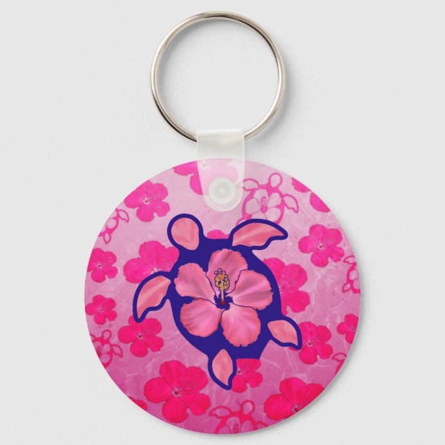 Hawaiian Honu Turtle and Hibiscus Keychain (Front)