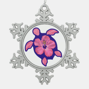 Hawaiian Honu Turtle and Hibiscus Snowflake Pewter Christmas Ornament