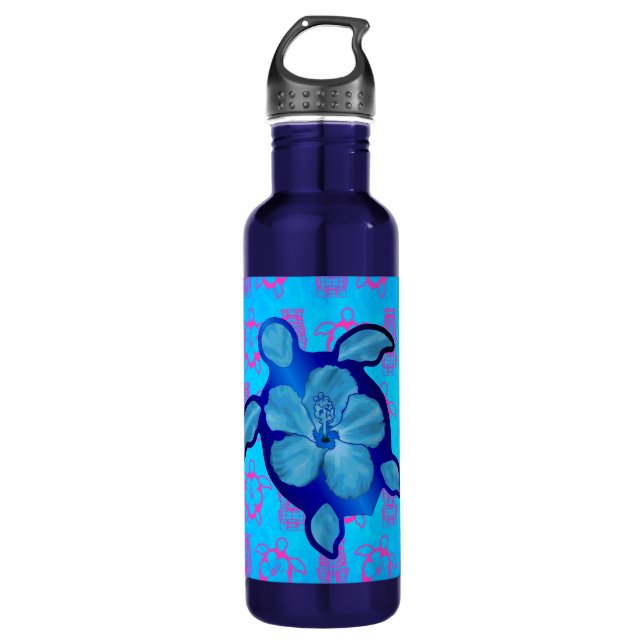 Hawaiian Honu Turtle and Hibiscus Stainless Steel Water Bottle (Front)