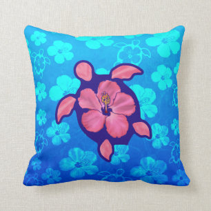 Hawaiian Honu Turtle and Hibiscus Throw Pillow