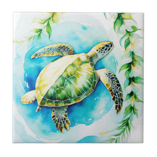 Hawaiian Honu with Plumeria & Maile Watercolor Ceramic Tile