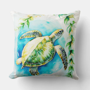 Hawaiian Honu with Plumeria & Maile Watercolor Throw Pillow
