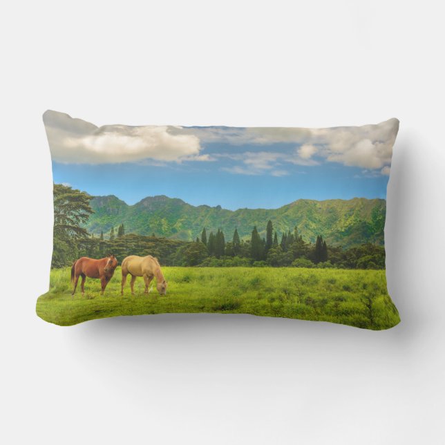 Hawaiian Horses, Hokulei Peak, Kauai, Hawaii Lumbar Pillow (Front)