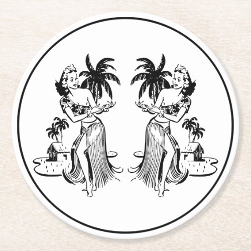 Hawaiian Hula Dancers Tropical Island Retro Tiki Round Paper Coaster