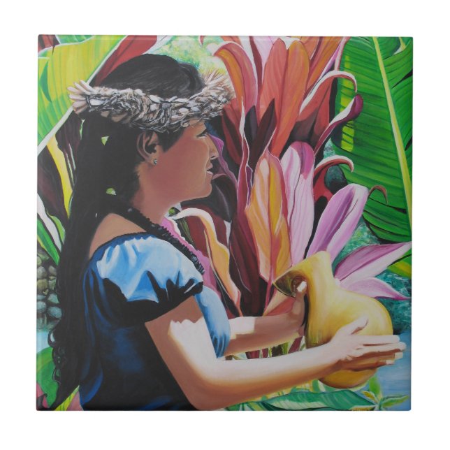 Hawaiian Hula Girl Dancer with Ipu  Ceramic Tile (Front)