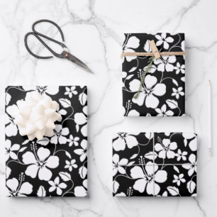 HAWAIIAN HULA (HIBISCUS) BLACK WRAPPING PAPER SHEETS