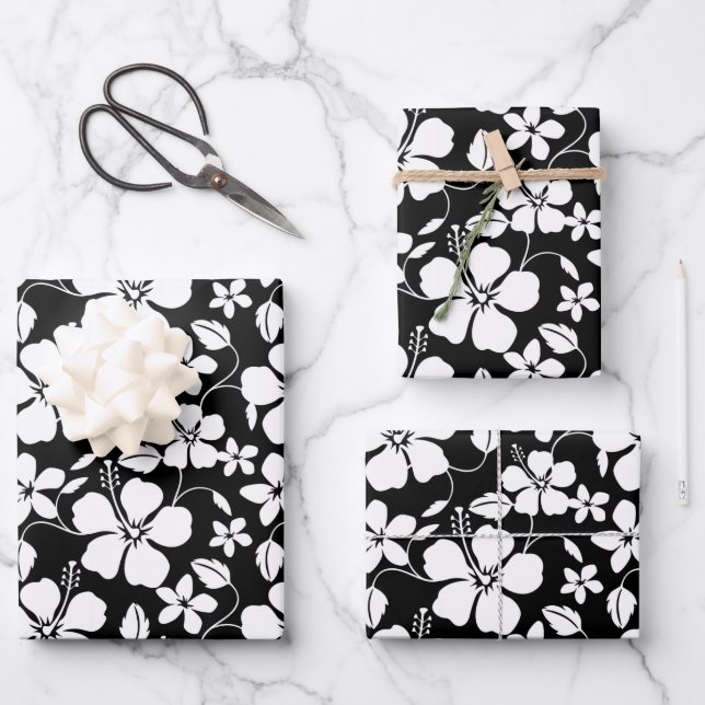 HAWAIIAN HULA (HIBISCUS) BLACK WRAPPING PAPER SHEETS (Front)
