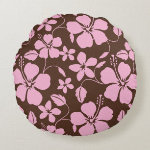 HAWAIIAN HULA (HIBISCUS) BROWN AND PINK ROUND PILLOW