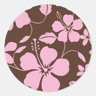 HAWAIIAN HULA (HIBISCUS) BROWN/PINK CLASSIC ROUND STICKER