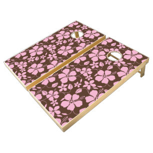 HAWAIIAN HULA (HIBISCUS) BROWN/PINK CORNHOLE SET