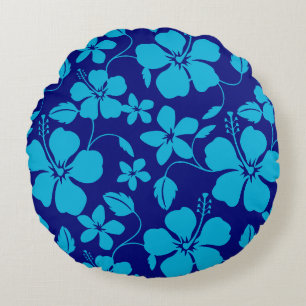 HAWAIIAN HULA (HIBISCUS) DARK AND LIGHT BLUE ROUND PILLOW