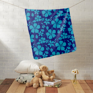HAWAIIAN HULA (HIBISCUS) DARK/LIGHT BLUE BABY BLANKET