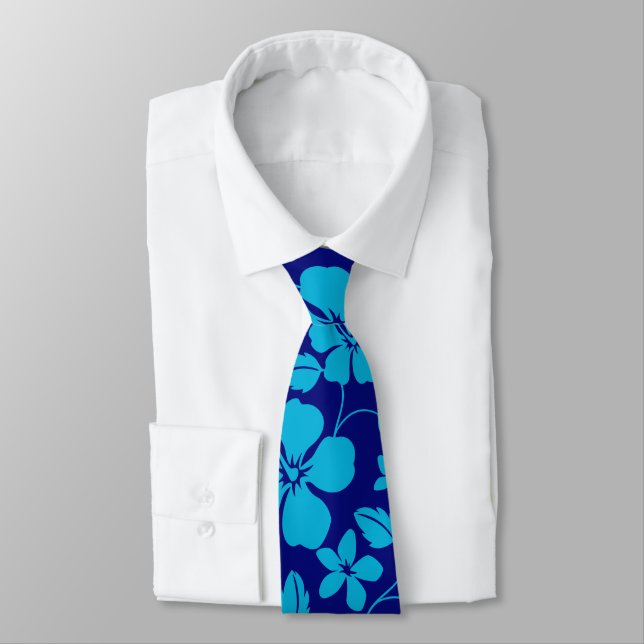 HAWAIIAN HULA (HIBISCUS) DARK/LIGHT BLUE NECK TIE (Tied)