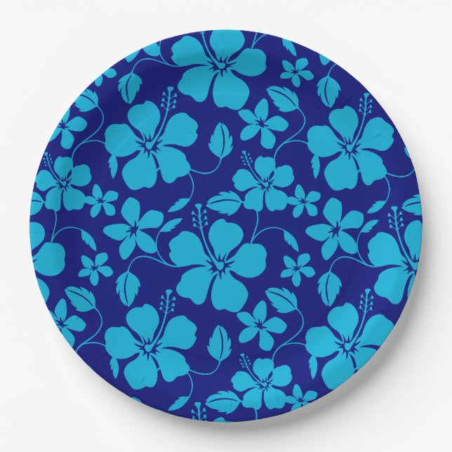 HAWAIIAN HULA (HIBISCUS) DARK/LIGHT BLUE PAPER PLATES (Front)