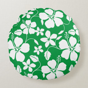 HAWAIIAN HULA (HIBISCUS) GREEN ROUND PILLOW