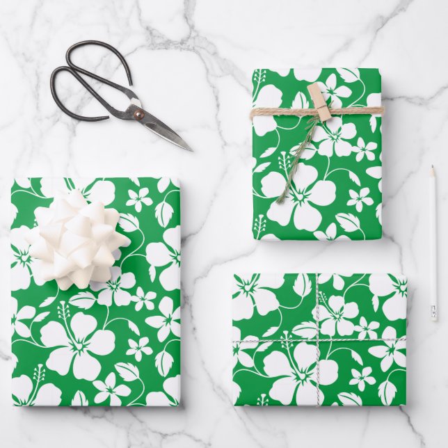HAWAIIAN HULA (HIBISCUS) GREEN WRAPPING PAPER SHEETS (Front)