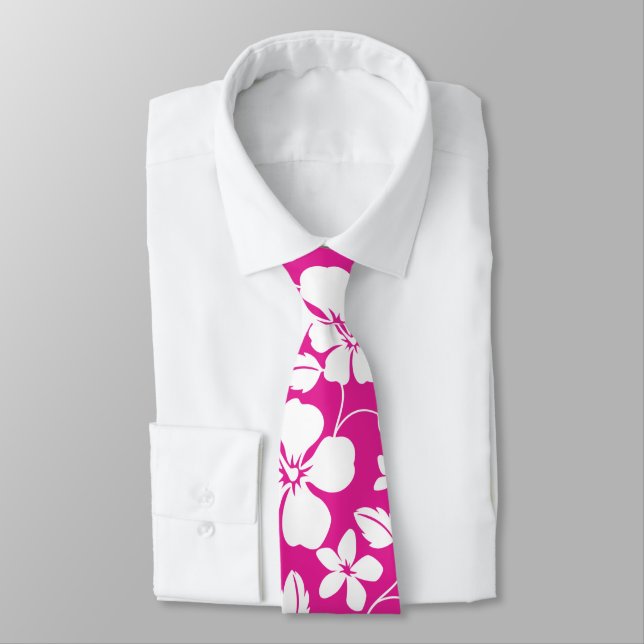 HAWAIIAN HULA (HIBISCUS) HOT PINK NECK TIE (Tied)