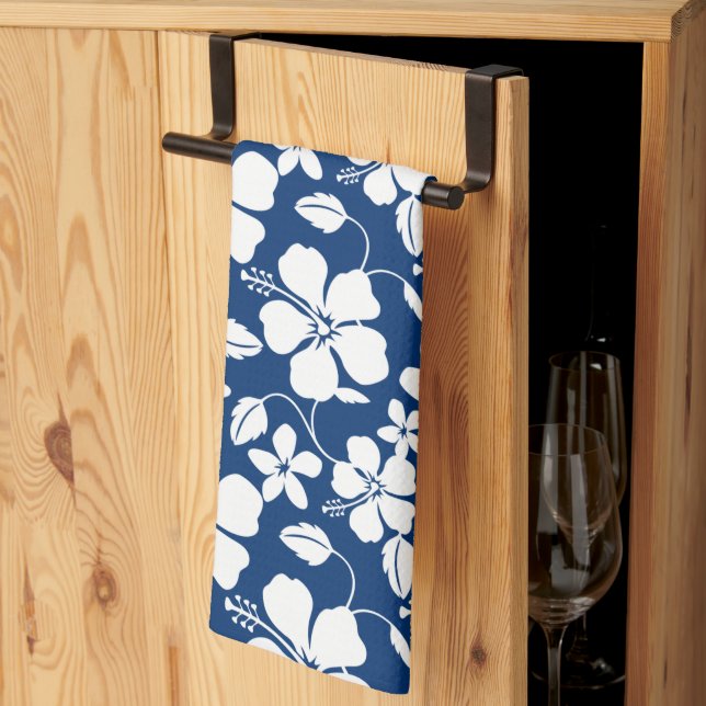 HAWAIIAN HULA (HIBISCUS) NAVY KITCHEN TOWEL (Thirds Fold)
