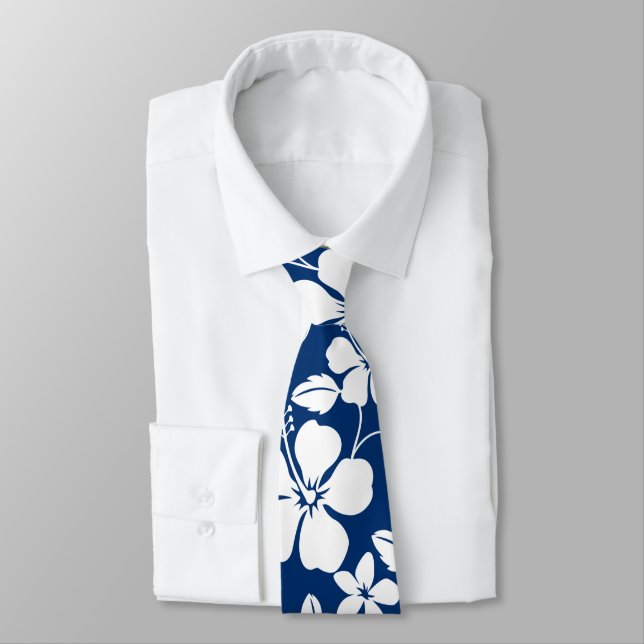 HAWAIIAN HULA (HIBISCUS) NAVY NECK TIE (Tied)