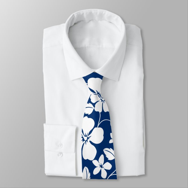 HAWAIIAN HULA (HIBISCUS) NAVY NECK TIE (Tied)