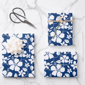 HAWAIIAN HULA (HIBISCUS) NAVY WRAPPING PAPER SHEETS