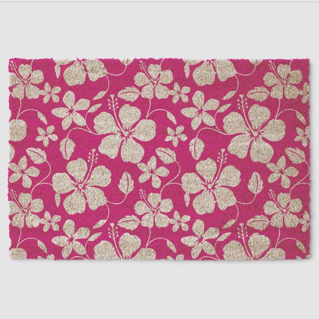 HAWAIIAN HULA (HIBISCUS) PATTERN IN HOT PINK FIBER DOORMAT (Front)
