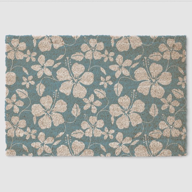 HAWAIIAN HULA (HIBISCUS) PATTERN IN SLATE BLUE FIBER DOORMAT (Front)