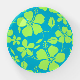 HAWAIIAN HULA (HIBISCUS) PATTERN IN TEAL AND LIME PAPERWEIGHT