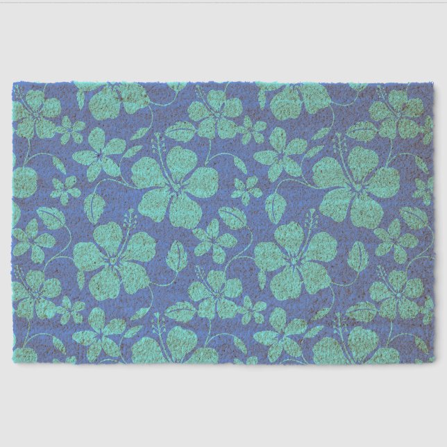 HAWAIIAN HULA (HIBISCUS) PATTERN PERIWINKLE/TEAL FIBER DOORMAT (Front)