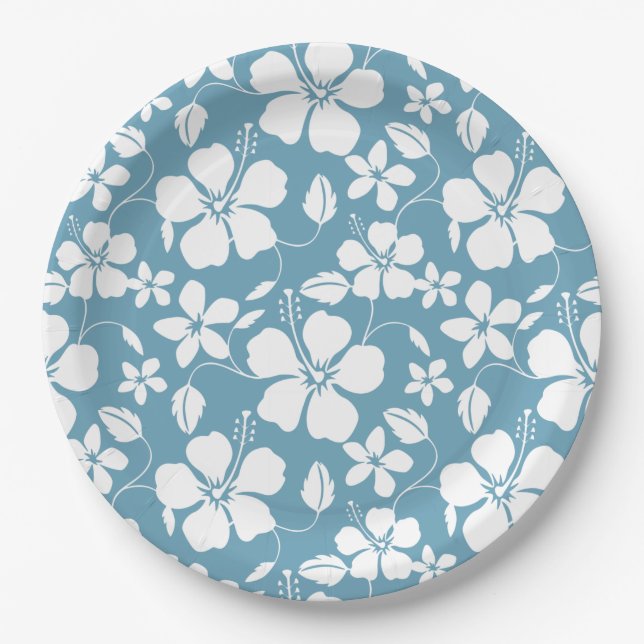 HAWAIIAN HULA (HIBISCUS) SLATE BLUE PAPER PLATES (Front)